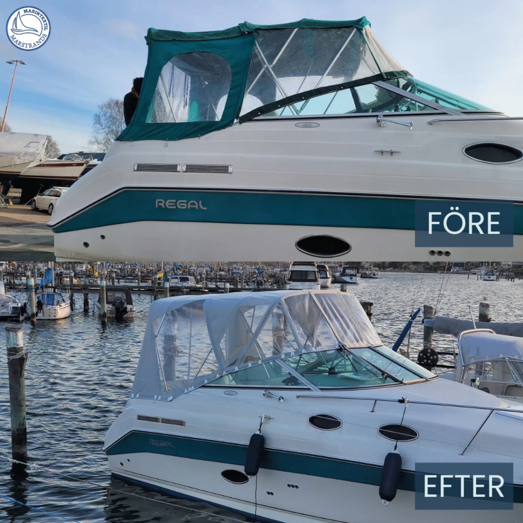 Before and after replacement of boat cover on Regal motorboat - new customized cover in high quality material by Marstrands Marintextil AB in Marstrand, Gothenburg.