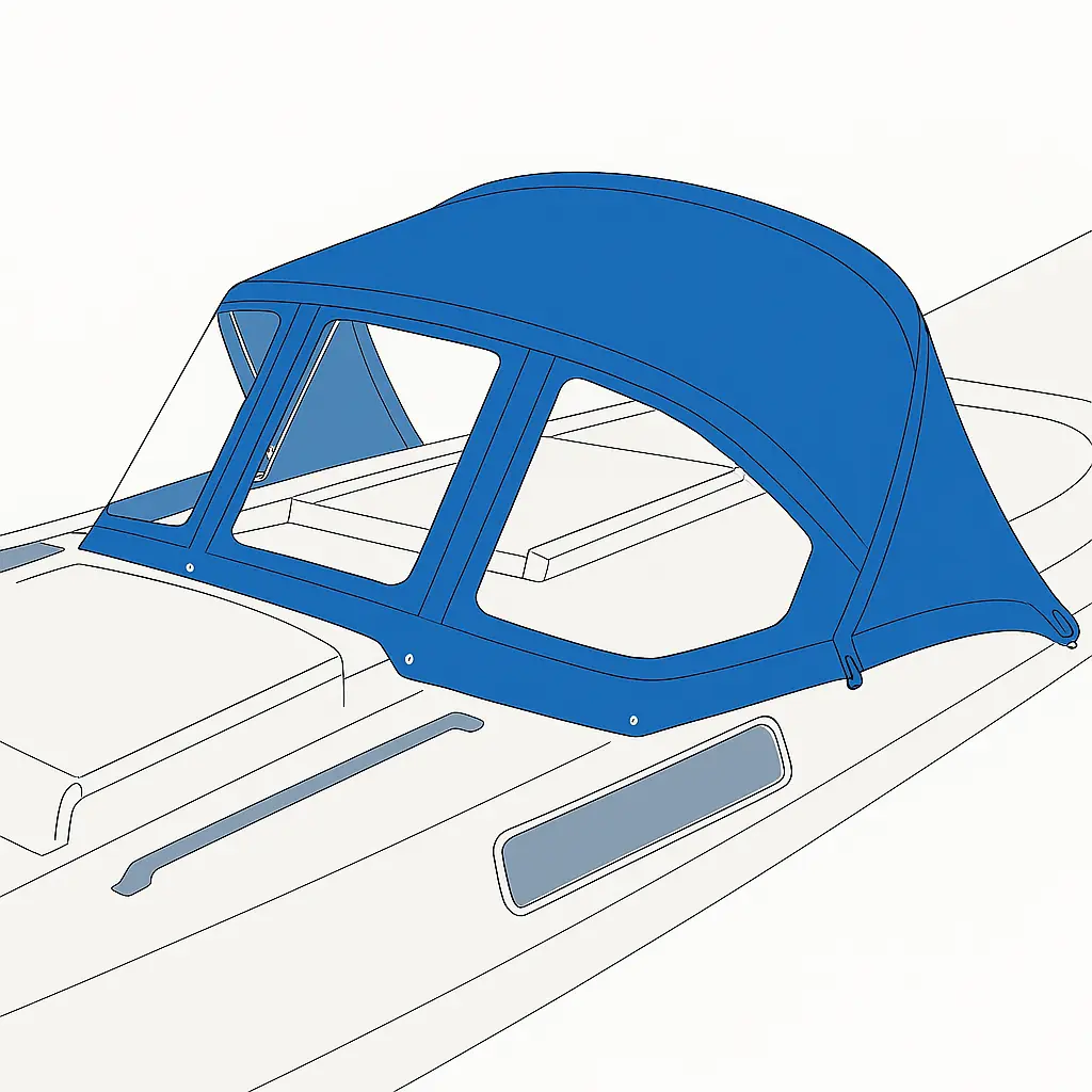 New sprayhood design for sailboat Aphrodite 25 - custom made boat hood in navy blue fabric from Marstrands Marintextil AB in Marstrand. CAD design with exact fit and stainless steel bows.