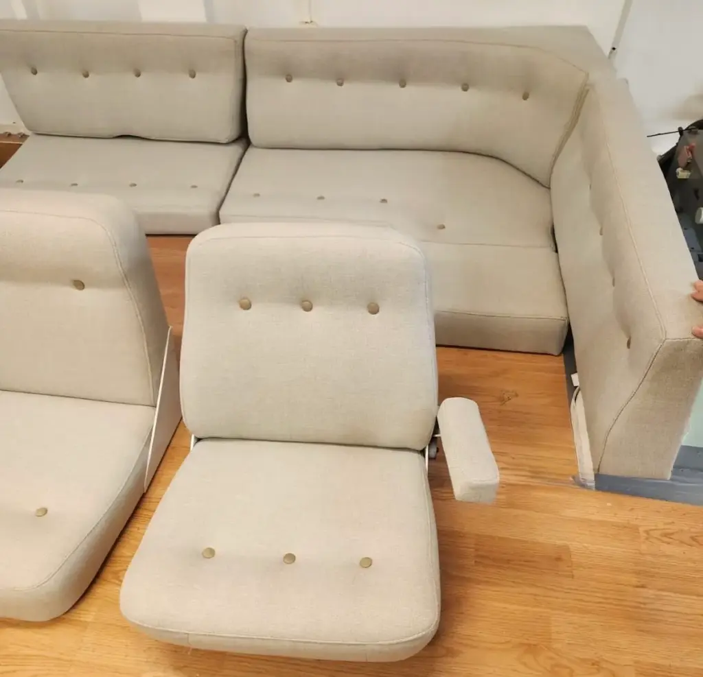 Beige boat cushions for Saga 315 after refitting - customized seat cushions and back cushions for boat interiors in Gothenburg