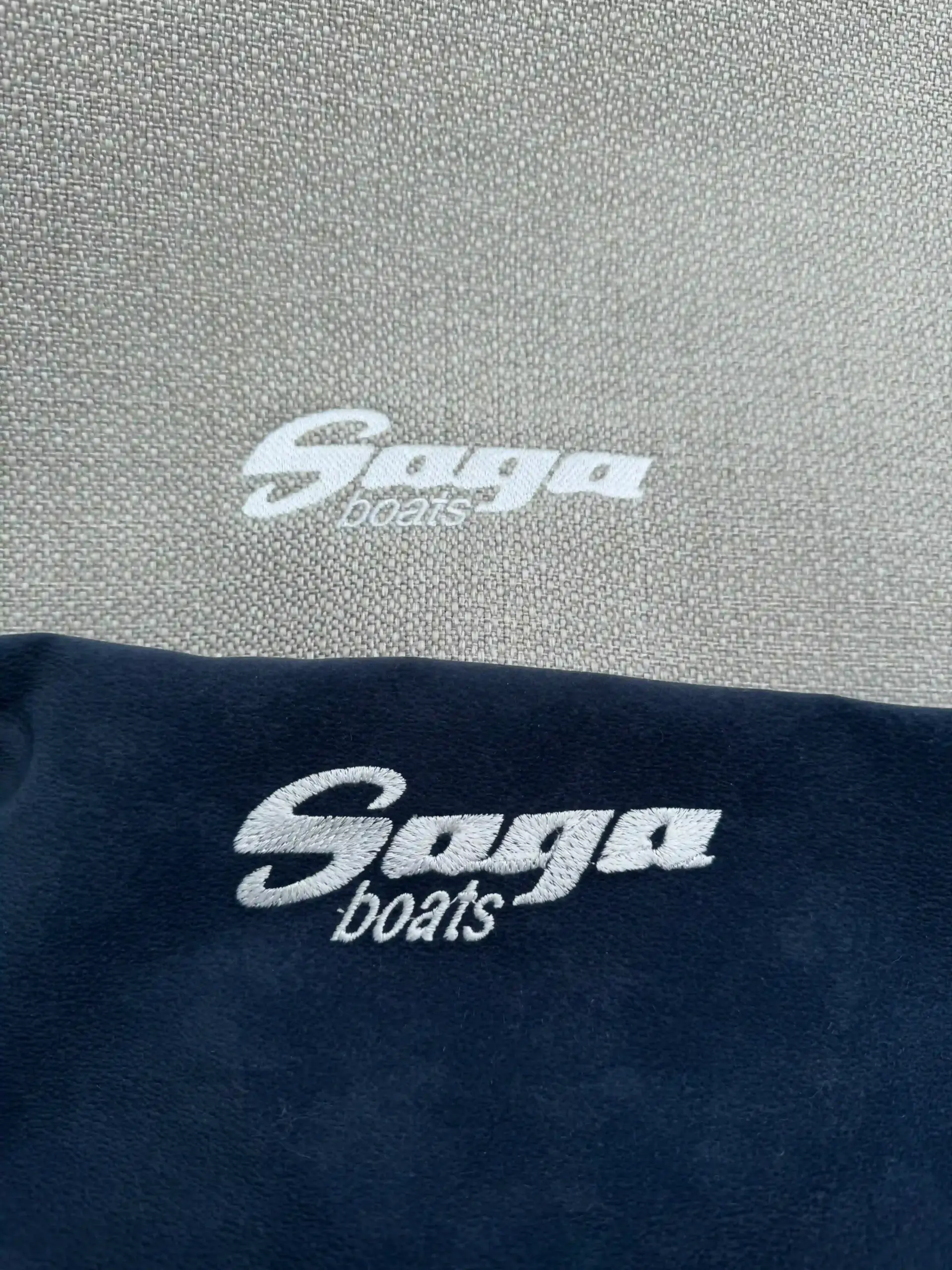 Saga 315 boat cushions with reinforced Saga Boats embroidered logo - premium upholstery in beige for marine interiors